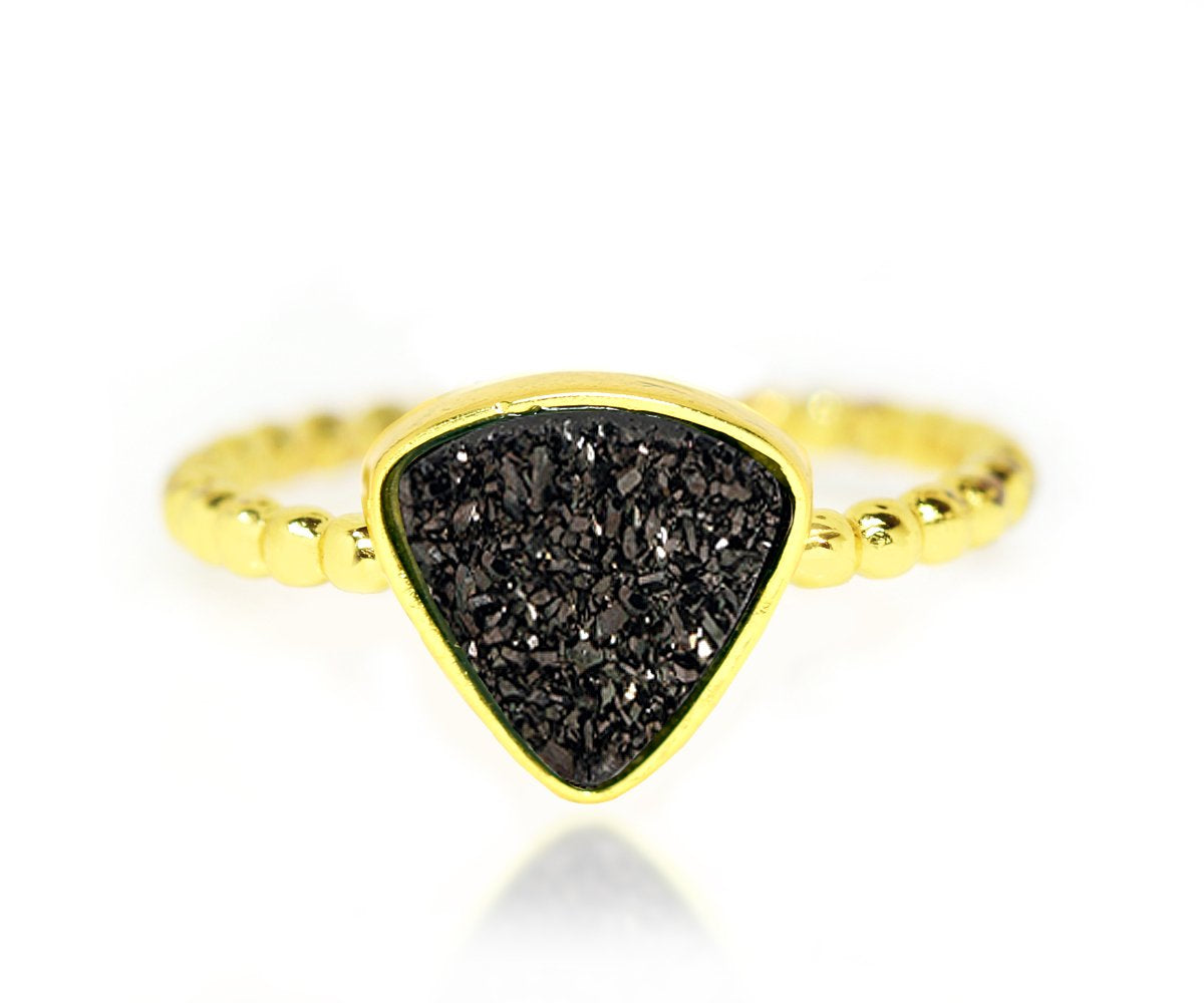 Ambrosia small triangle black druzy beaded fashion drusy gold ring