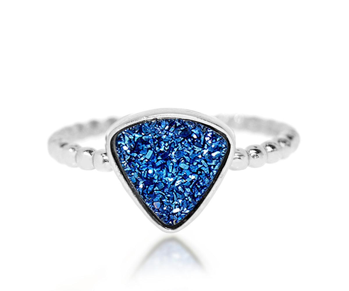 Ambrosia small triangle blue druzy beaded fashion silver drusy ring