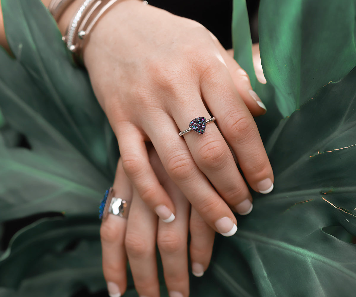 Small Triangle Purple Rainbow Druzy Ring