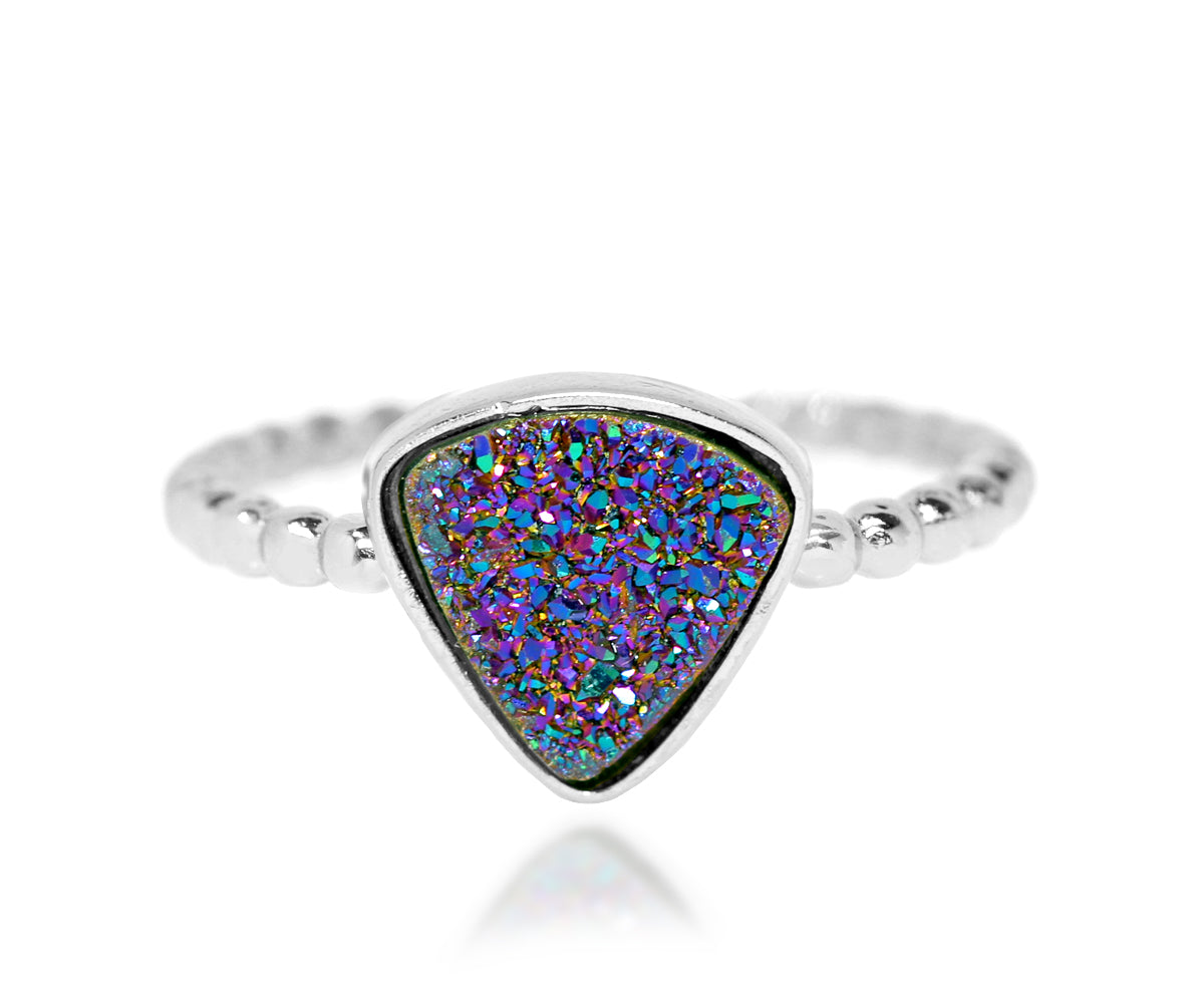 Ambrosia small triangle purple rainbow druzy beaded fashion sterling silver drusy ring