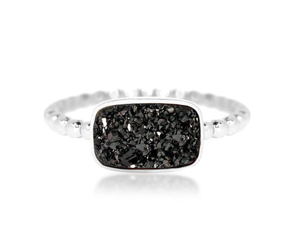 small horizontal rectangle black druzy quartz beaded sterling silver drusy ring