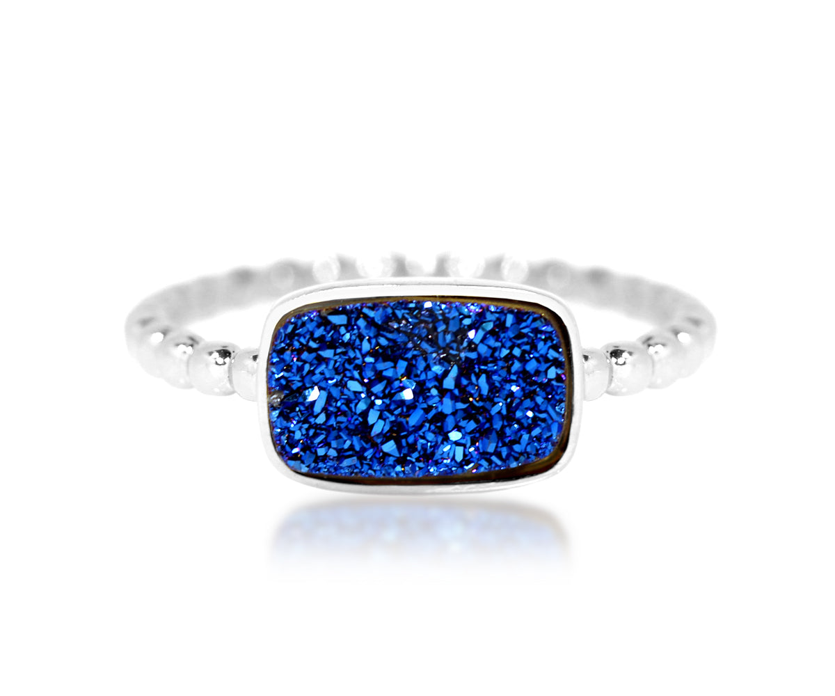 Small horizontal rectangle blue druzy quartz sterling silver beaded stacking drusy ring