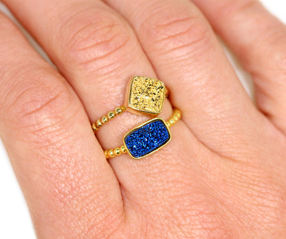 Horizontal Rectangle Blue Druzy 14k Gold Ring