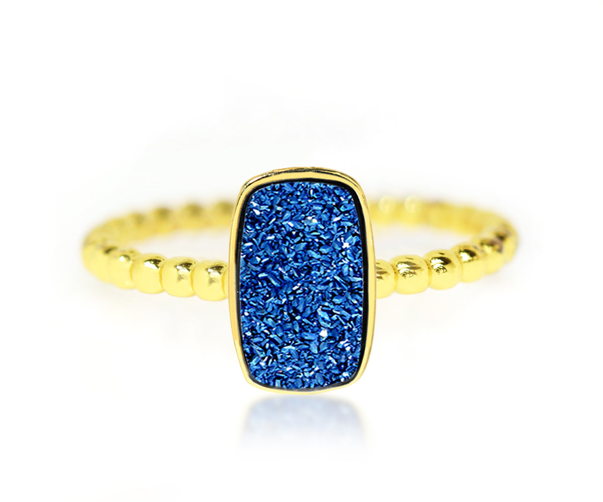 Fashion blue druzy small rectangle vertical stacking beaded druzy gold ring