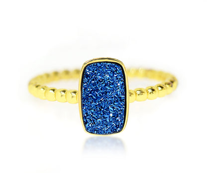 Fashion blue druzy small rectangle vertical stacking beaded druzy gold ring