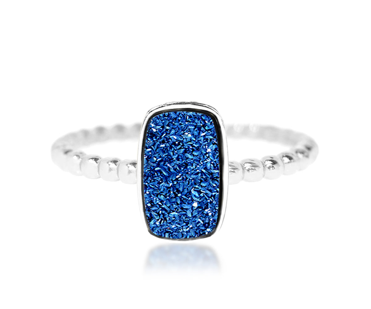 Fashion stacking beaded small rectangle vertical blue druzy quartz sterling silver drusy ring