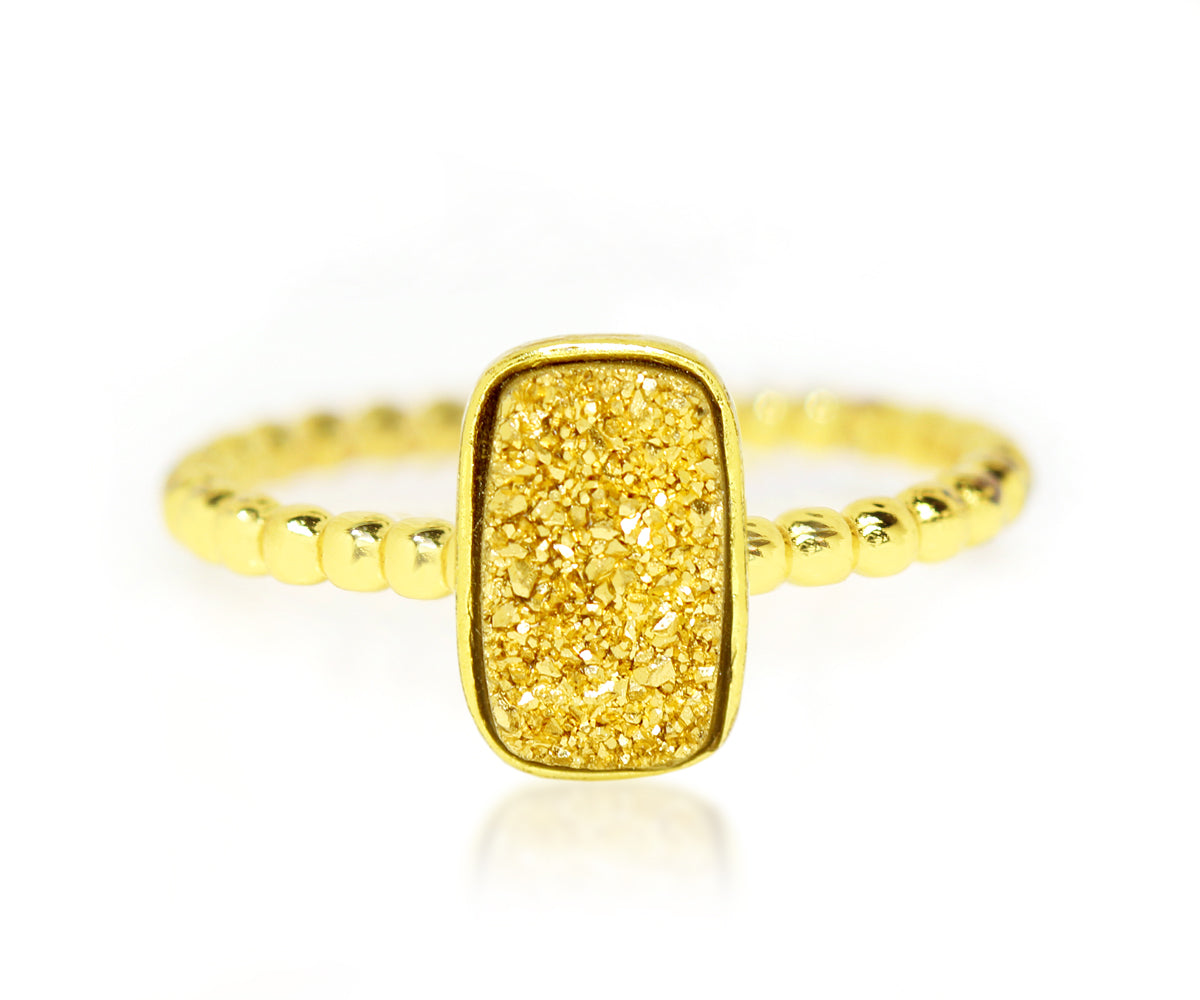 Ambrosia 18k gold druzy small rectangle vertical beaded stacking drusy ring