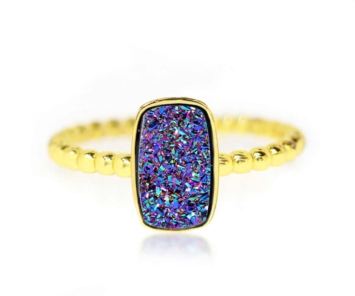 Ambrosia small rectangle vertical purple rainbow druzy beaded stacking fashion drusy gold ring