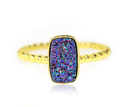 Ambrosia small rectangle vertical purple rainbow druzy beaded stacking fashion drusy gold ring