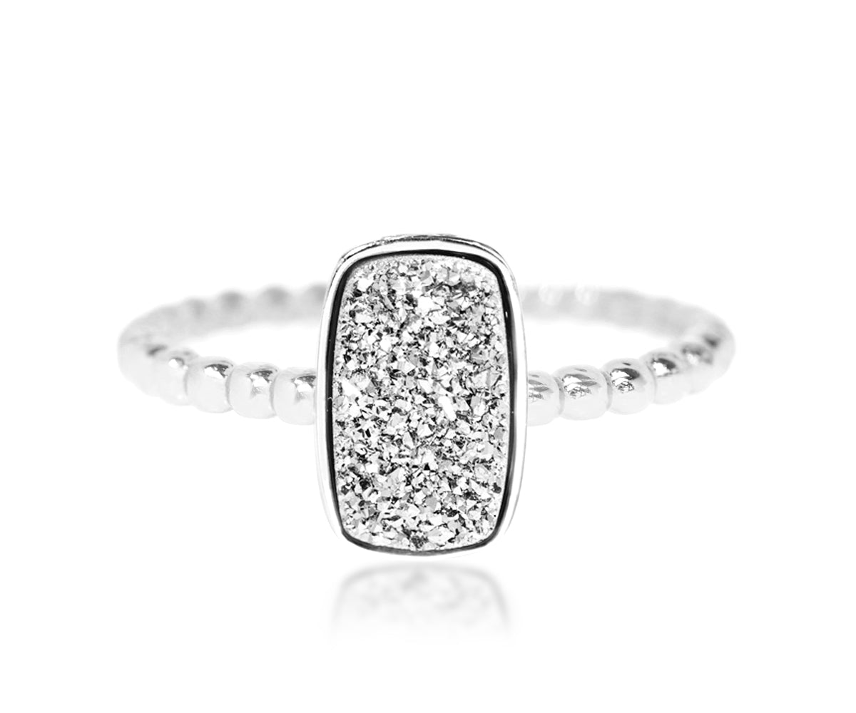 stacking beaded small vertical rectangle platinum druzy quartz sterling silver drusy ring