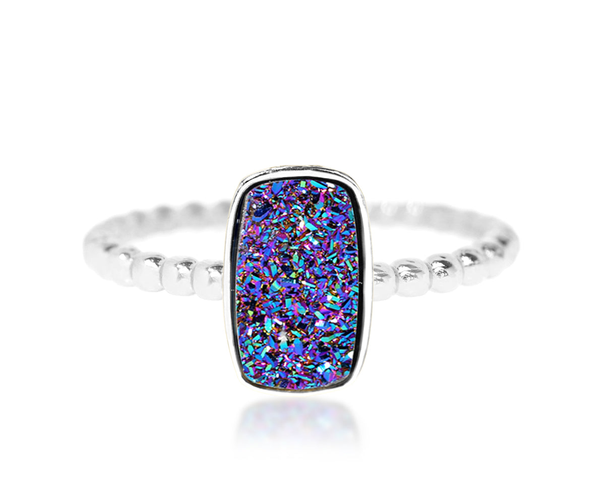 Ambrosia small rectangle vertical purple rainbow druzy stacking beaded silver drusy ring