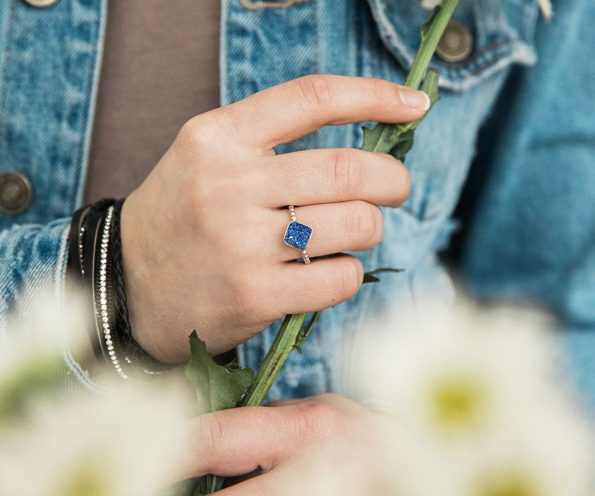 Small Square Blue Druzy Ring