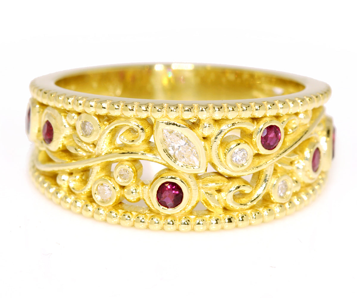 custom designed diamond ruby swirl right hand gold ring