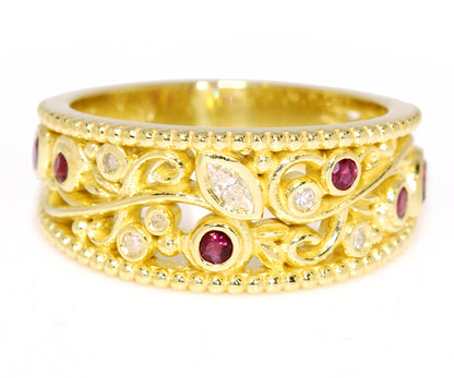 custom designed diamond ruby swirl right hand gold ring