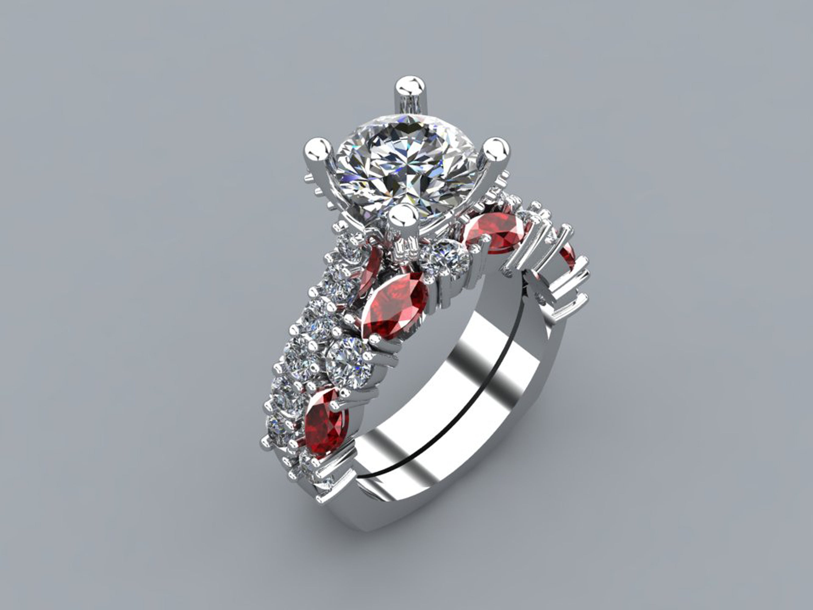 Cathedral Diamond and Ruby Platinum Wedding Ring Set