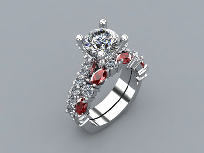 Cathedral Diamond and Ruby Platinum Wedding Ring Set