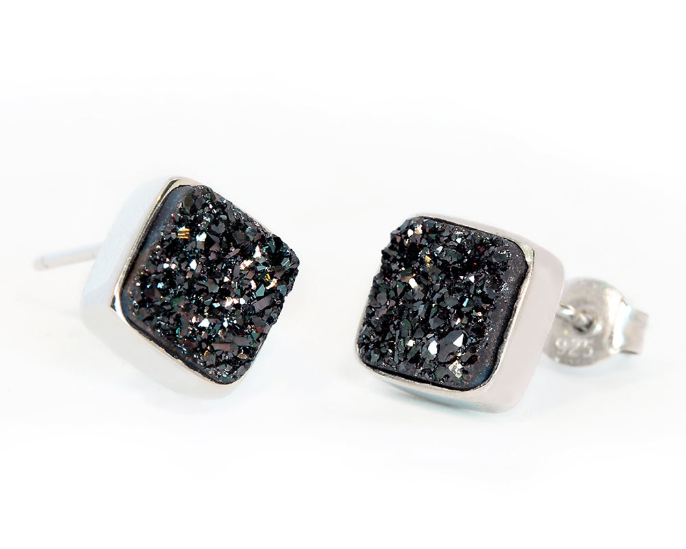 Small Square Black Druzy Stud Earrings