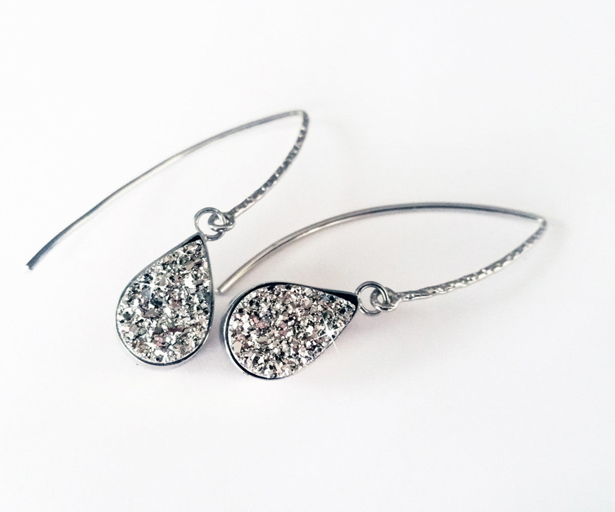 Hammered Teardrop Druzy Earrings Side View
