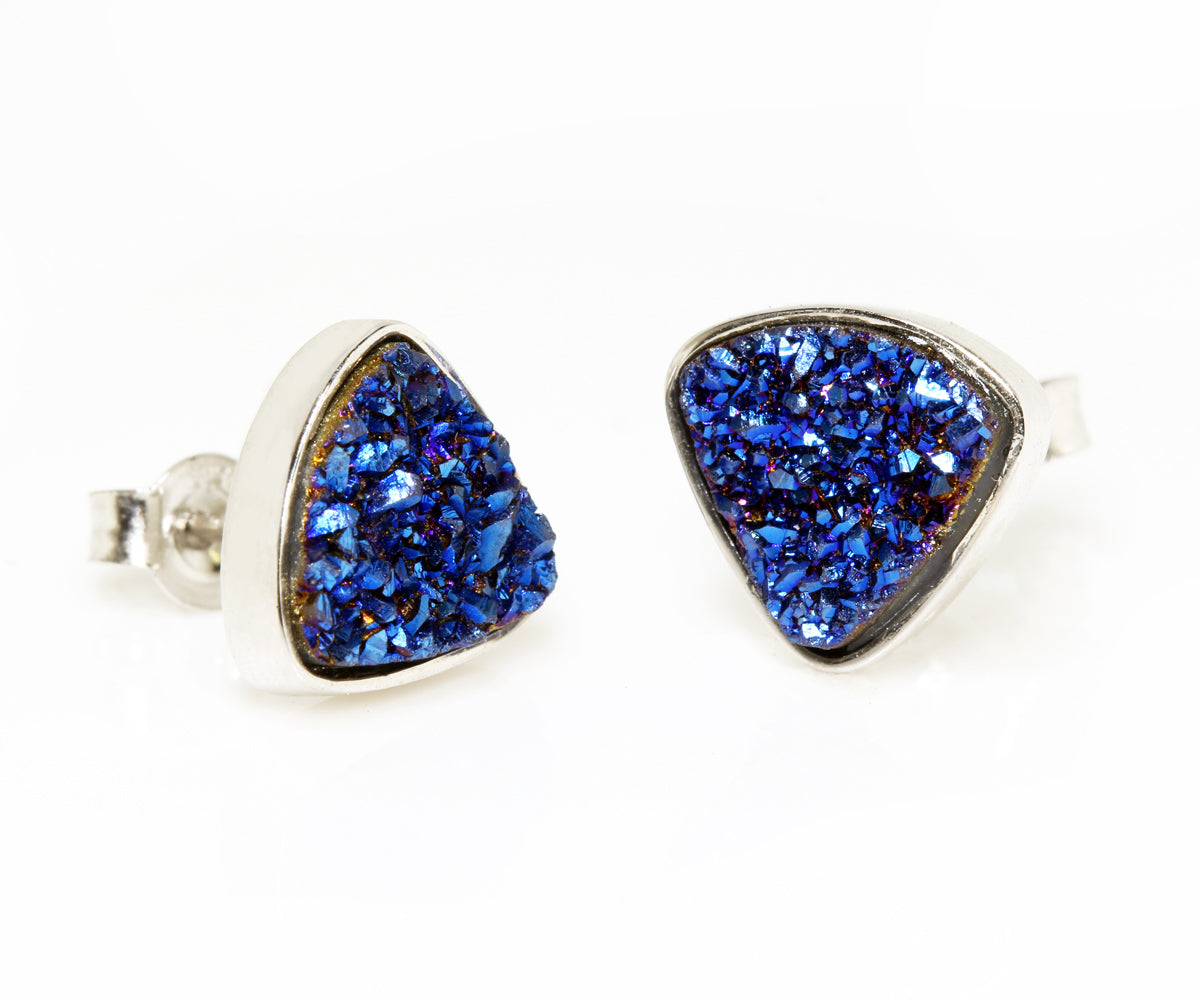 Small Triangle Blue Druzy Stud Earrings