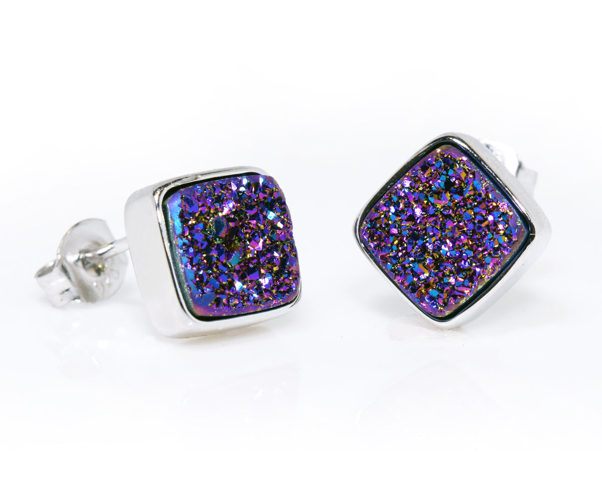 Small Square Purple Rainbow Druzy Stud Earrings