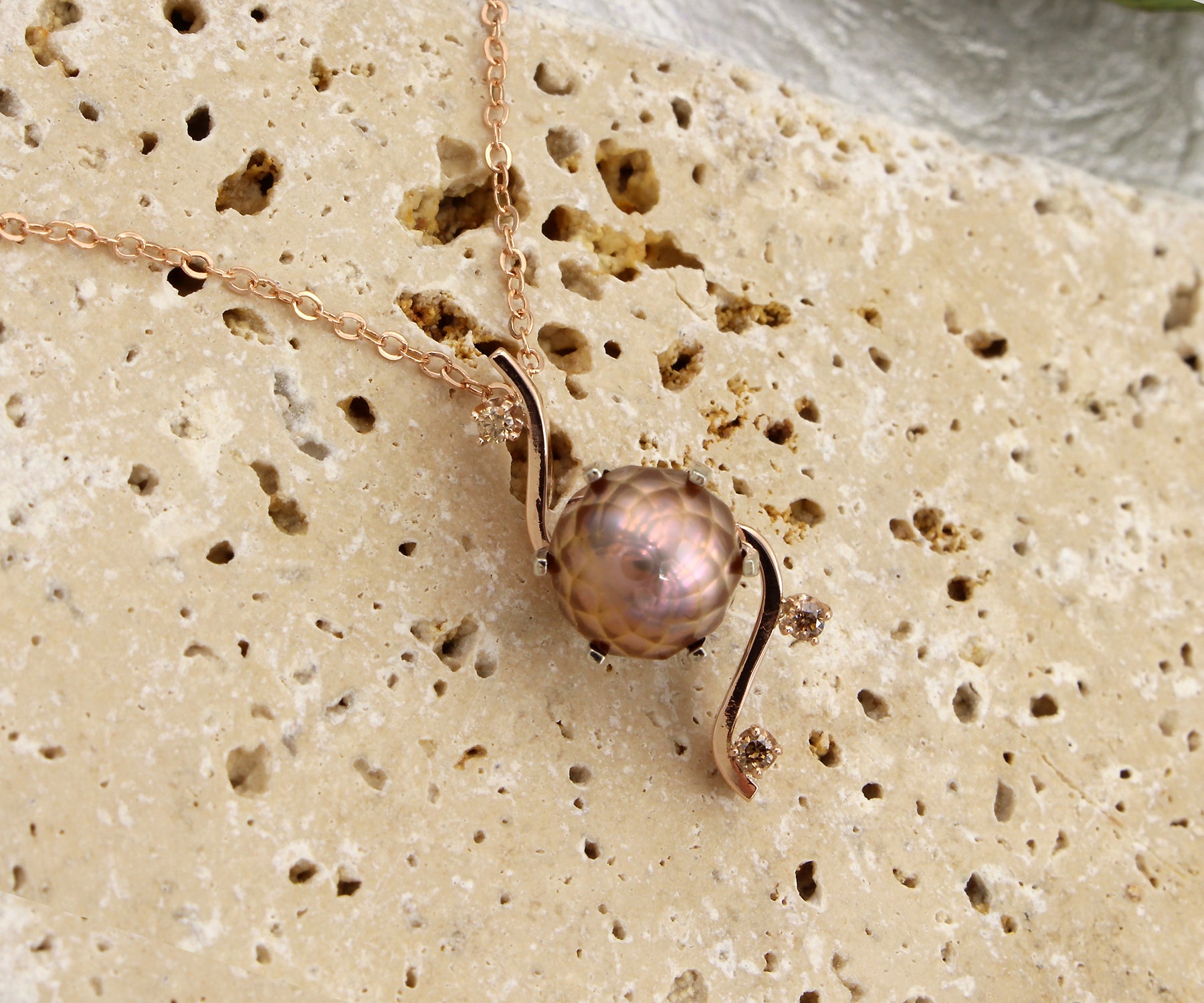 Diamond Cut Rose Pearl Modern Diamond Necklace