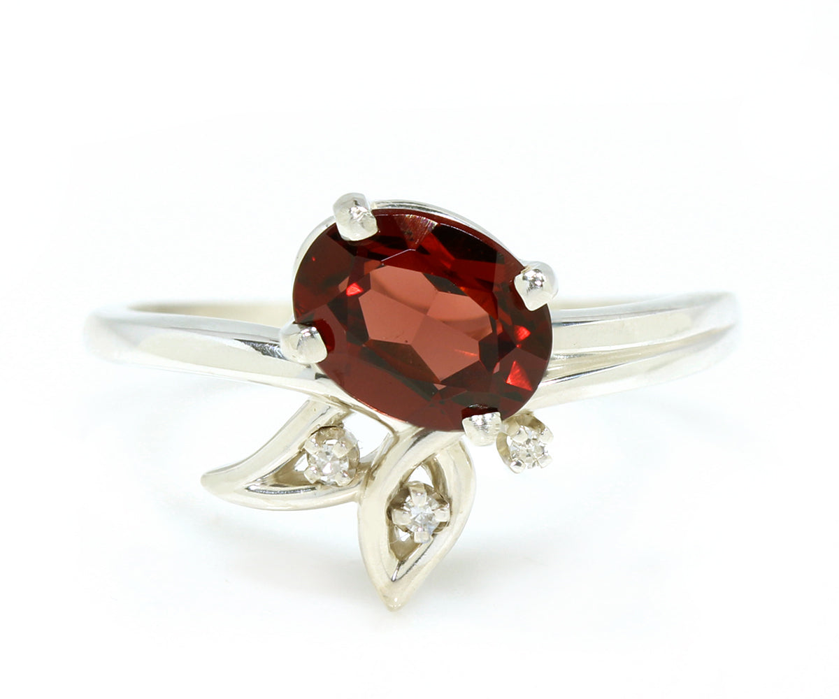 Garnet Leaf Diamond Sterling Silver Ring