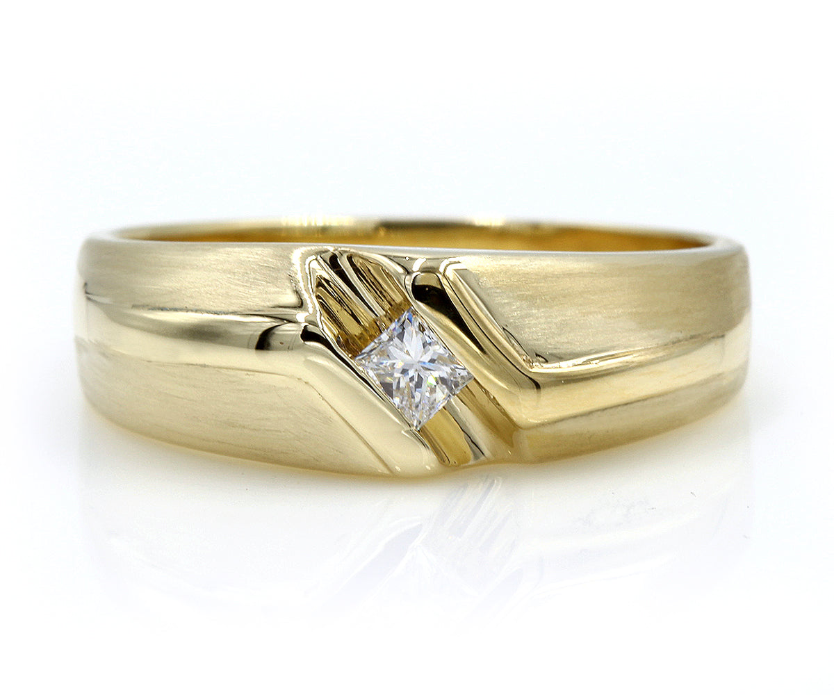classic angled princess cut diamond yellow gold mens wedding ring