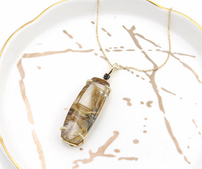 Golden Rutilated Quartz Rectangular Gold Necklace