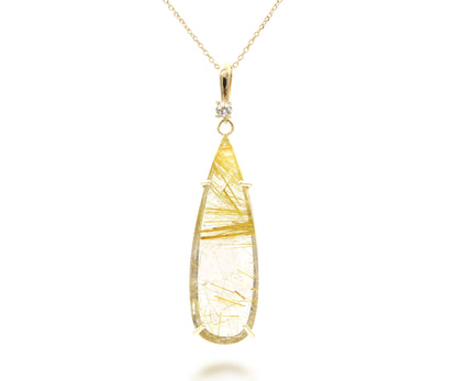 Golden Rutilated Quartz Long Teardrop Necklace
