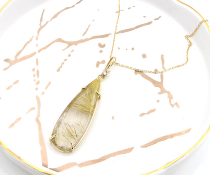 Golden Rutilated Quartz Long Teardrop Necklace