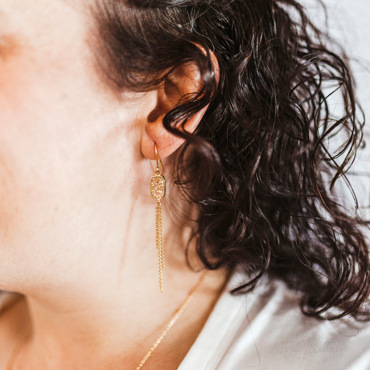 Dangling Chain Platinum Druzy Earrings