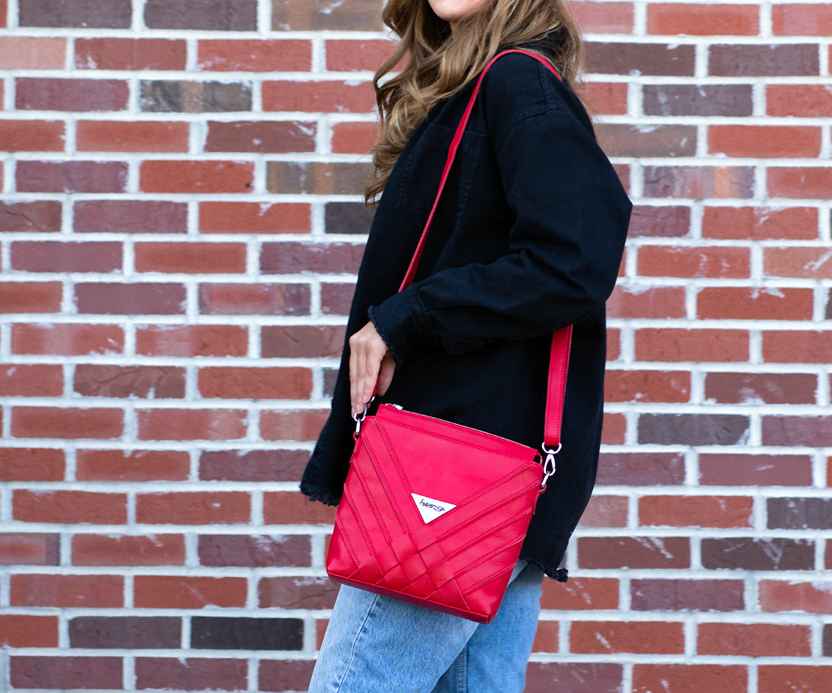 Criss-Cross Genuine Leather Lipstick Red Small Handbag
