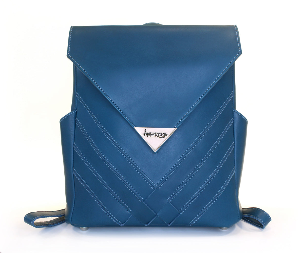 Criss cross weave genuine Prussian Blue leather backpack handbag