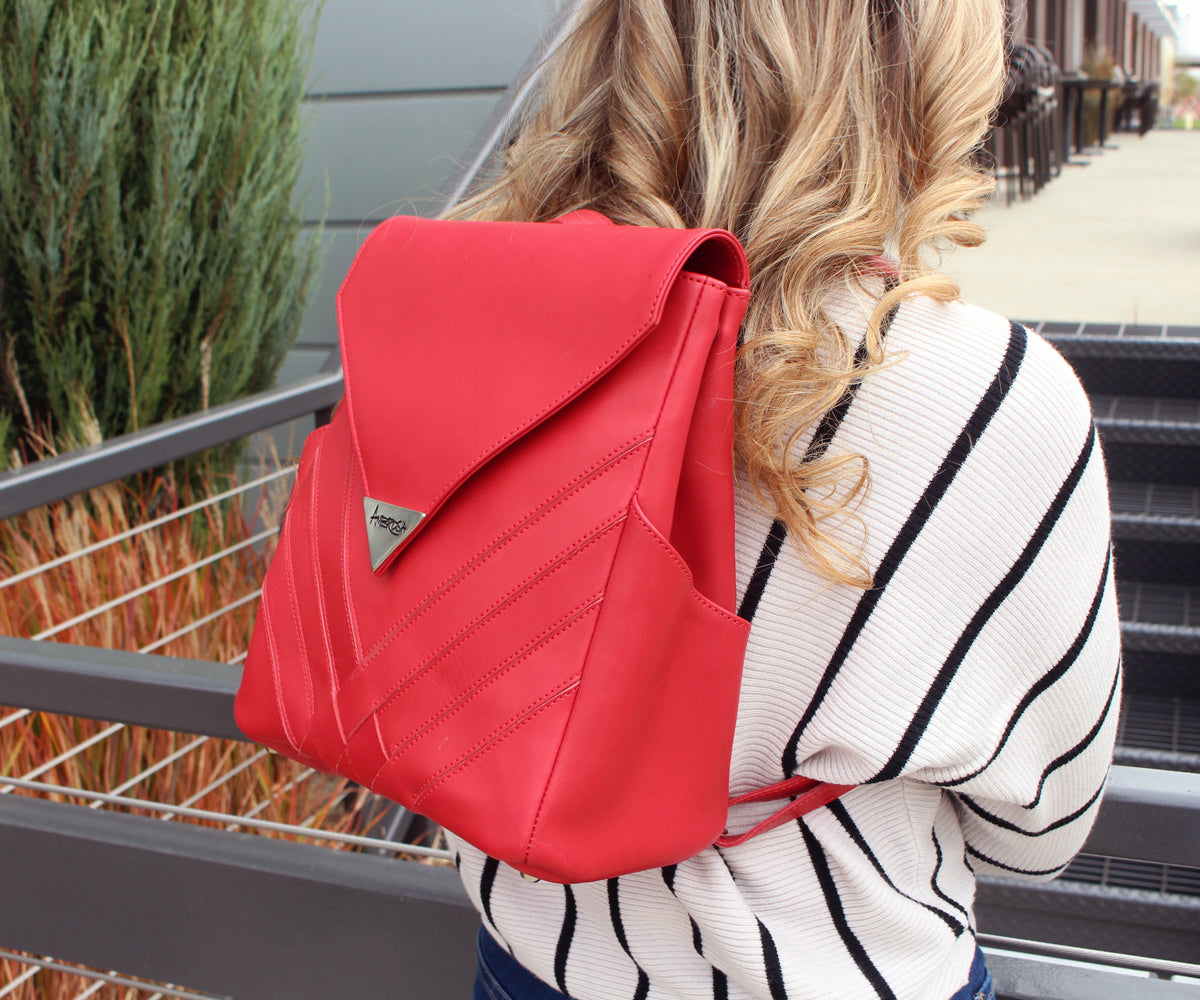 Criss-Cross Genuine Leather Lipstick Red Backpack