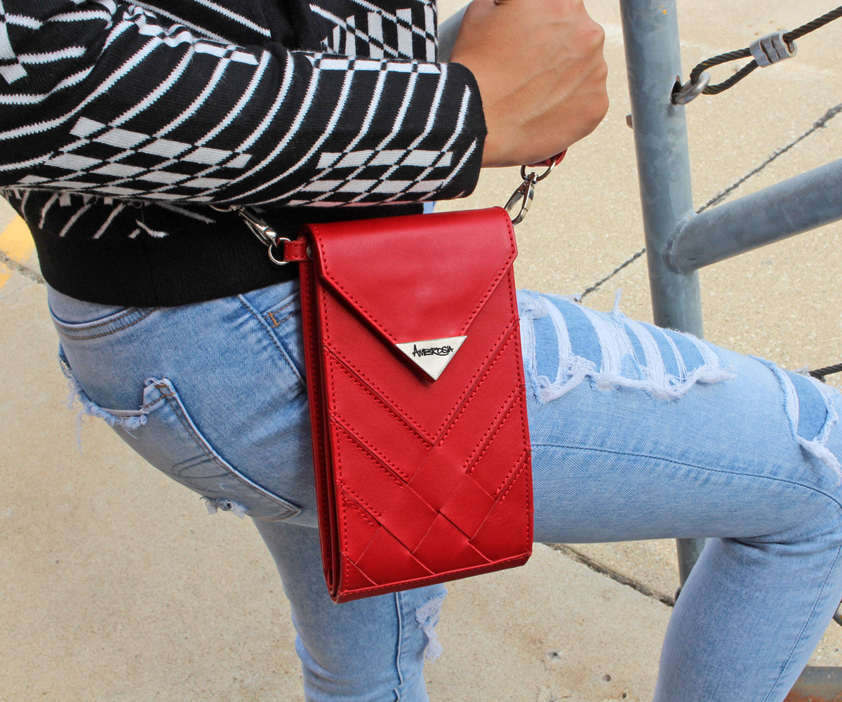 Criss-Cross Genuine Leather Lipstick Red Crossbody Handbag