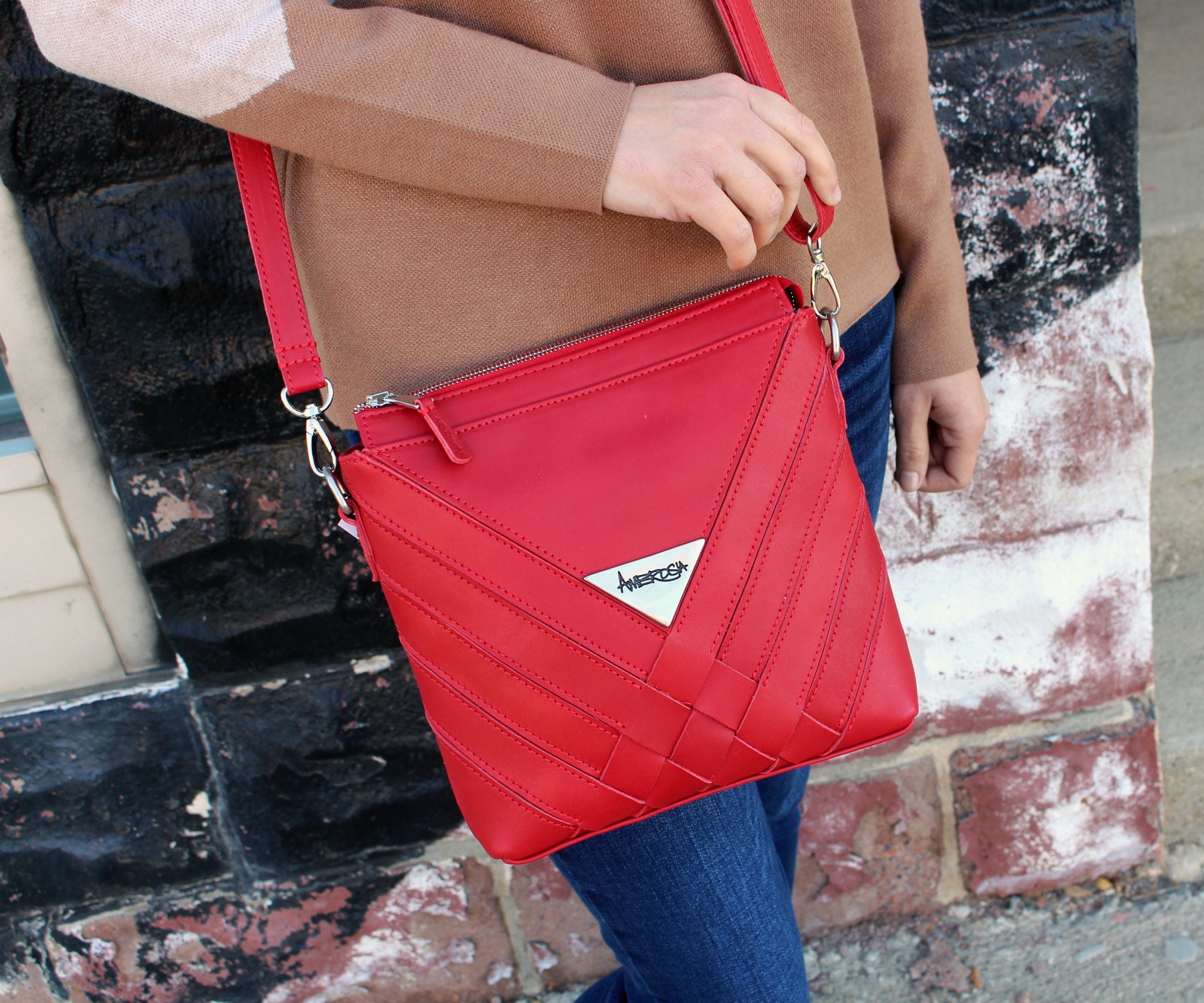 Criss-Cross Genuine Leather Lipstick Red Small Handbag