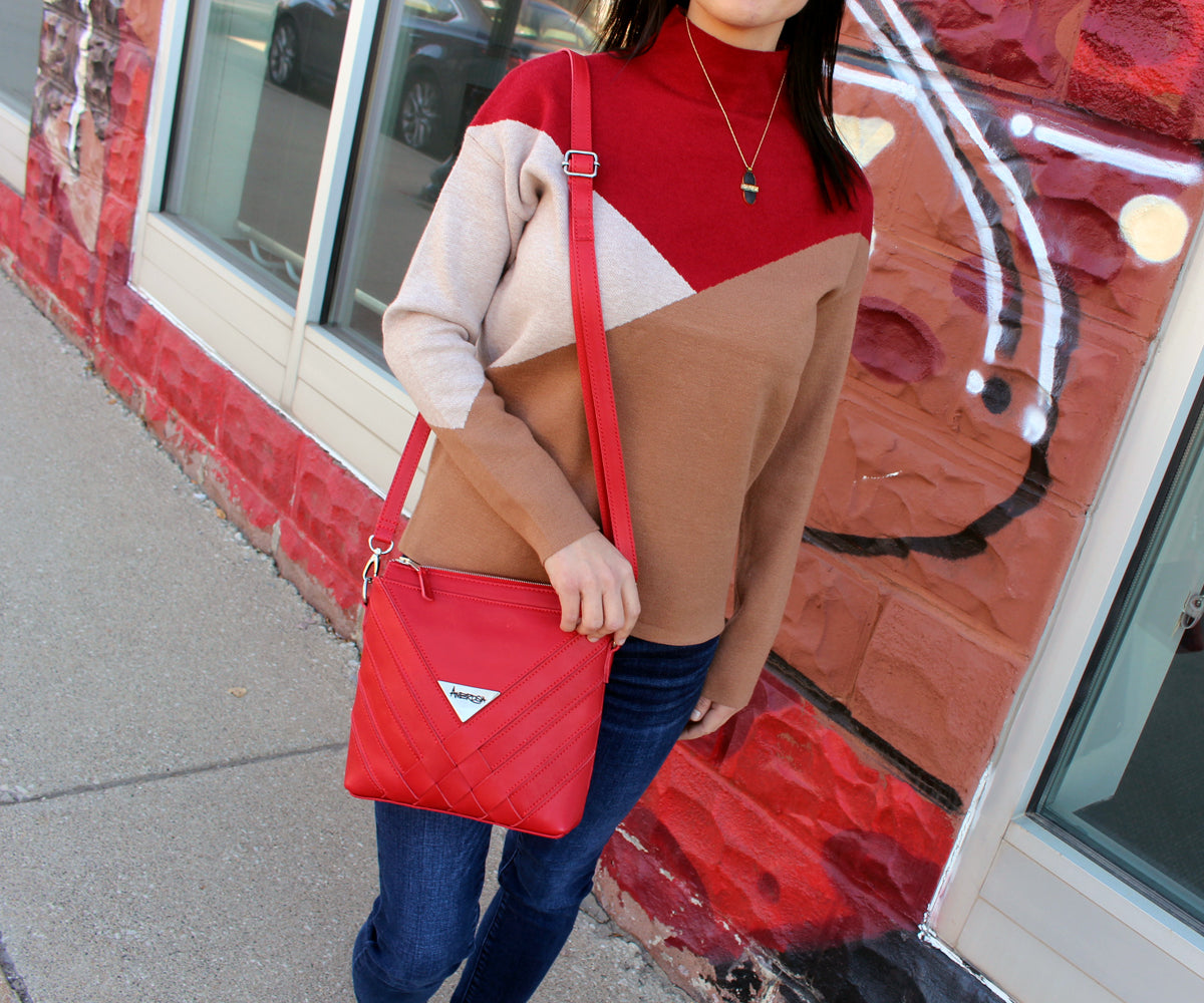 Criss-Cross Genuine Leather Lipstick Red Small Handbag