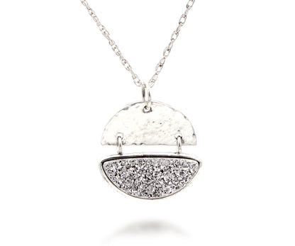Half Moon Platinum Druzy Hammered Silver Necklace