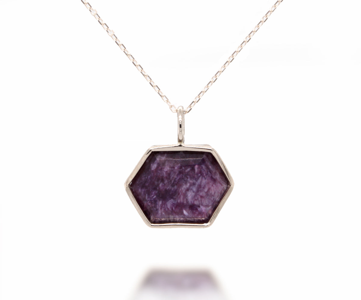 Hexagon Charolite White Gold Necklace