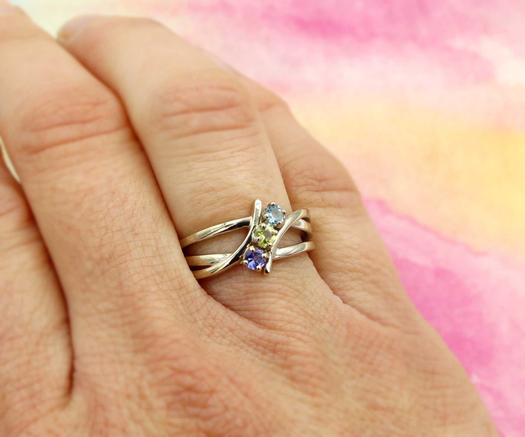 Weaved Modern Mothers Birthstone Family Silver Ring