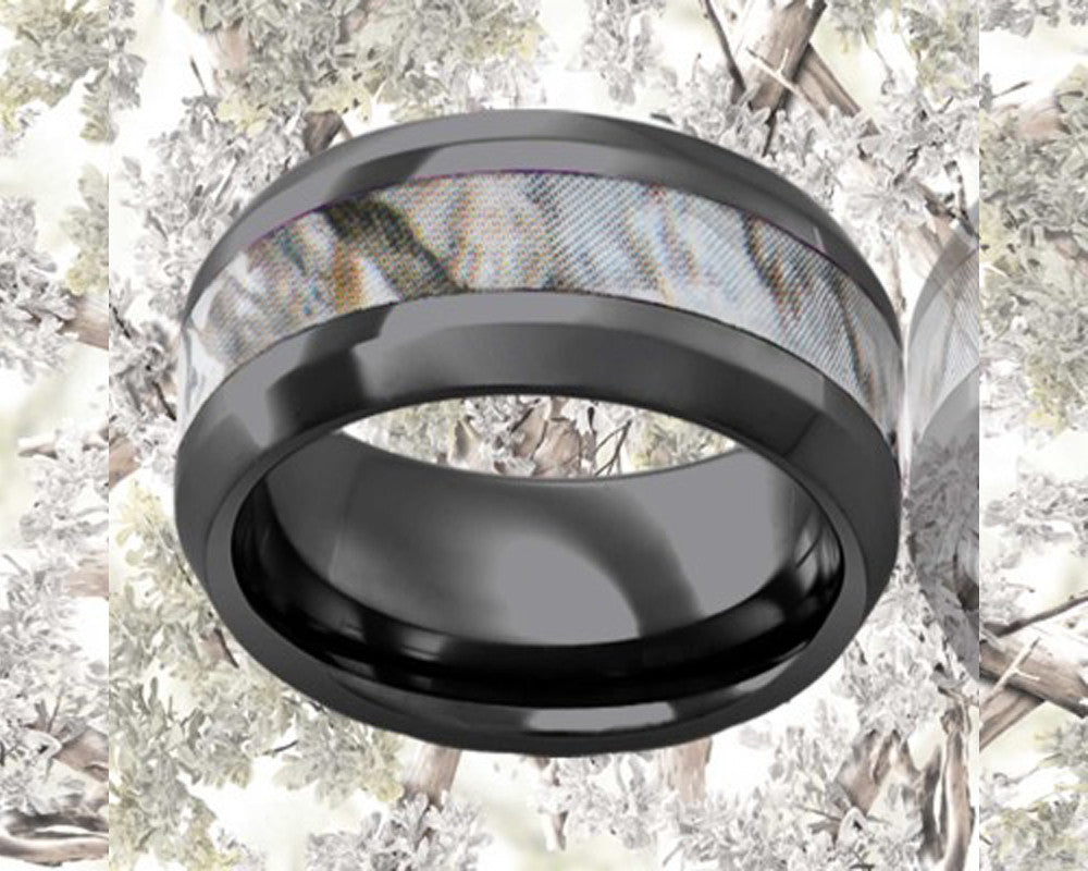 Beveled Edge Snow Shadow Camo Black Ceramic Ring