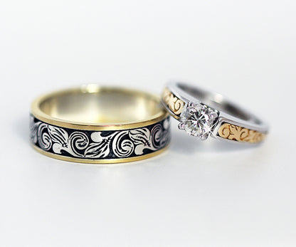 Anillo de bodas vintage grabado en dos tonos