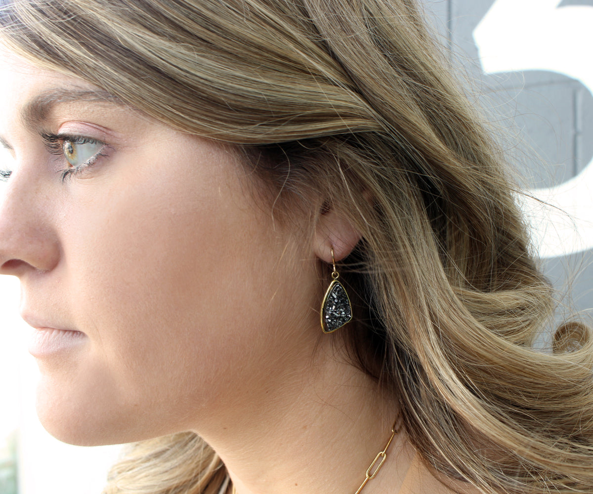 Medium Trillion Black Druzy 14k Gold Earrings