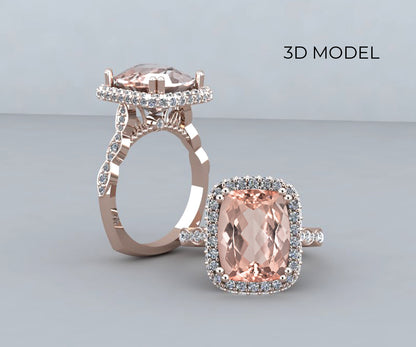 Anillo de compromiso con morganita y halo de doble cojín