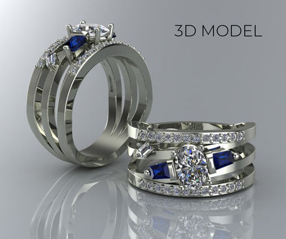 Anillo de bodas moderno y ancho con diamantes y zafiro azul de varias filas