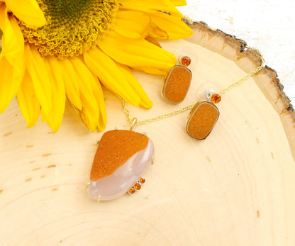 Natural Orange Druzy Gold Jewelry Set