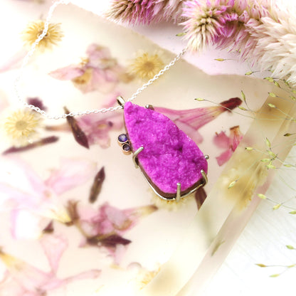 Natural Pink Druzy Purple Quartz Rose Gold Necklace
