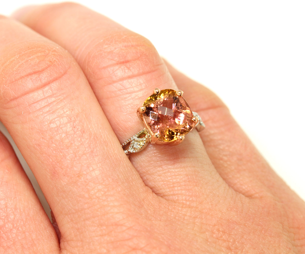 Peach Cushion Tourmaline Dainty Crown Ring