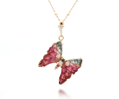 Colorful Pink and Teal Tourmaline Butterfly Necklace
