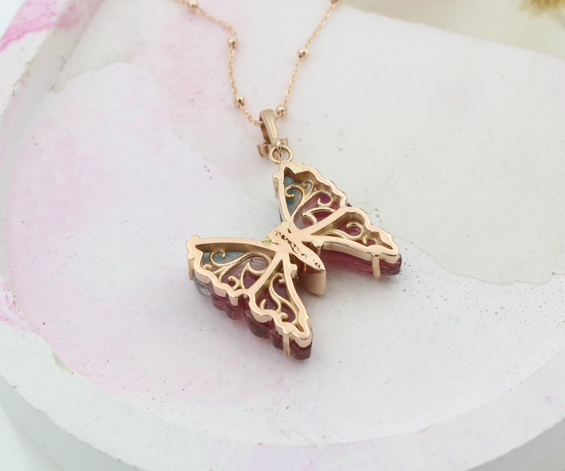 Colorful Pink and Teal Tourmaline Butterfly Necklace